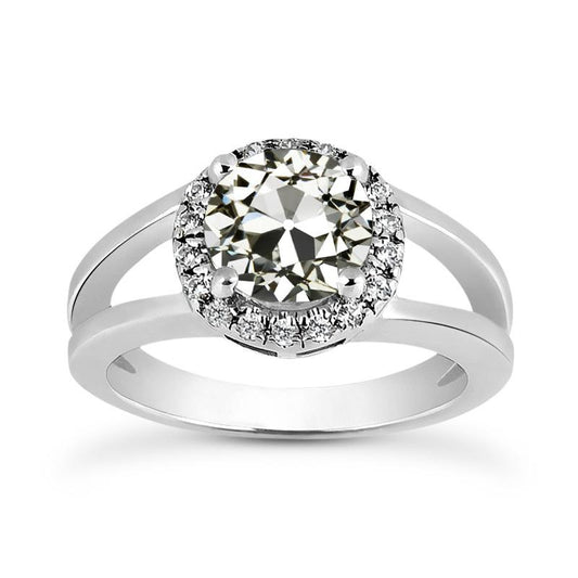 Halo Ring Old Mine Cut Genuino Diamante Prong Split Shank Gold 3.50 Carati