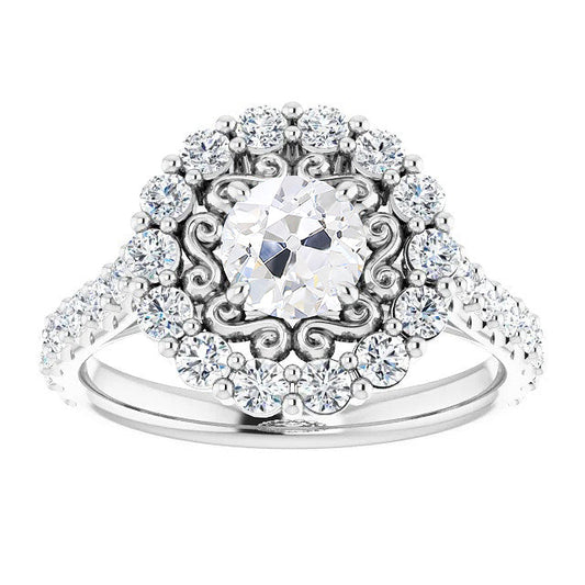 Brillante Cuscino Antico Anello con Pavé Halo in Oro 14 Carati Bianco – vista principale