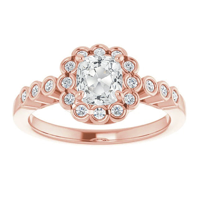 Diamante Fine Cuscino Anello Halo in Oro 14 Carati Rosa – vista principale