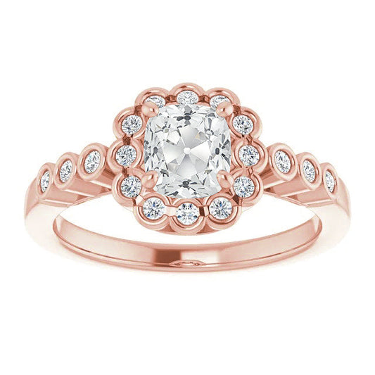 Diamante Fine Cuscino Anello Halo in Oro 14 Carati Rosa – vista principale