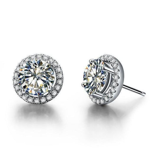 Halo Round Genuino Diamond Stud Orecchini Prong Set 2.20 Carati In Oro Bianco 14K