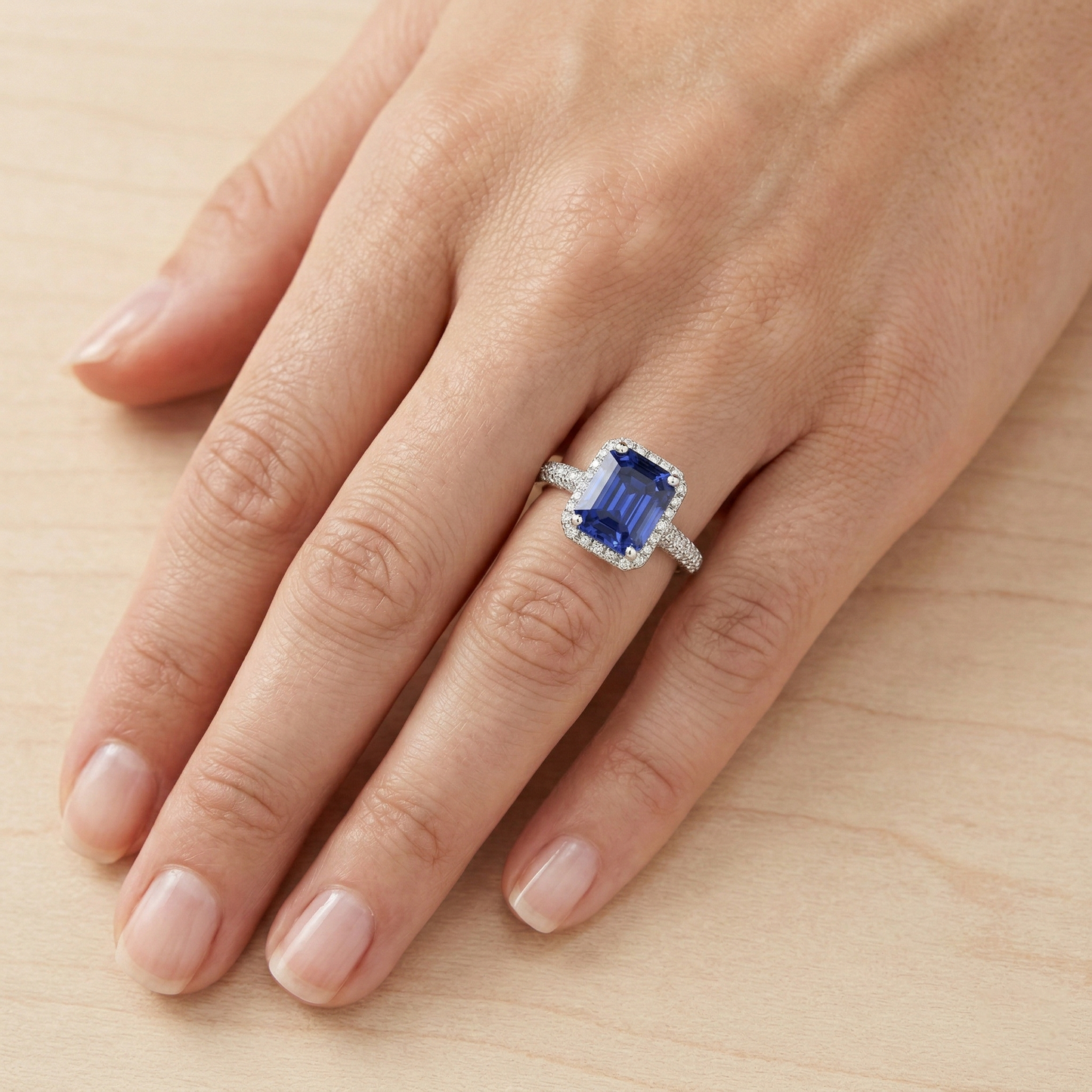 Halo Sapphire Anello Di Fidanzamento Doppia Fila Pave Di Diamanti Naturali Autentici ( non creati in laboratorio ) 4 Carati