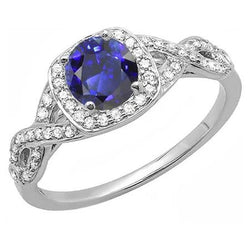 Halo Sapphire Wedding Ring Round Twisted Stem Diamonds 2,50 carati con oro bianco 14K