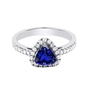 Halo Trillion Diamond Deep Blue Sapphire Ring 2 carati e gioielli in oro bianco 14K