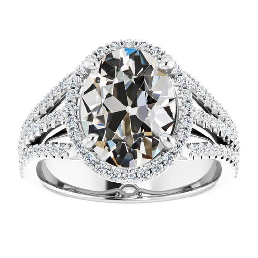 Halo, Anello Ovale Con Naturale Diamante Taglio Antico, Doppio Gambo Diviso 8,75 Carati