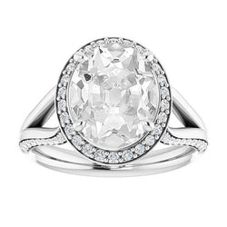 Halo, Anello Ovale, Taglio Antico, Con Vero Diamante A Polo, Set Di 9,50 Carati Con Gambo Diviso
