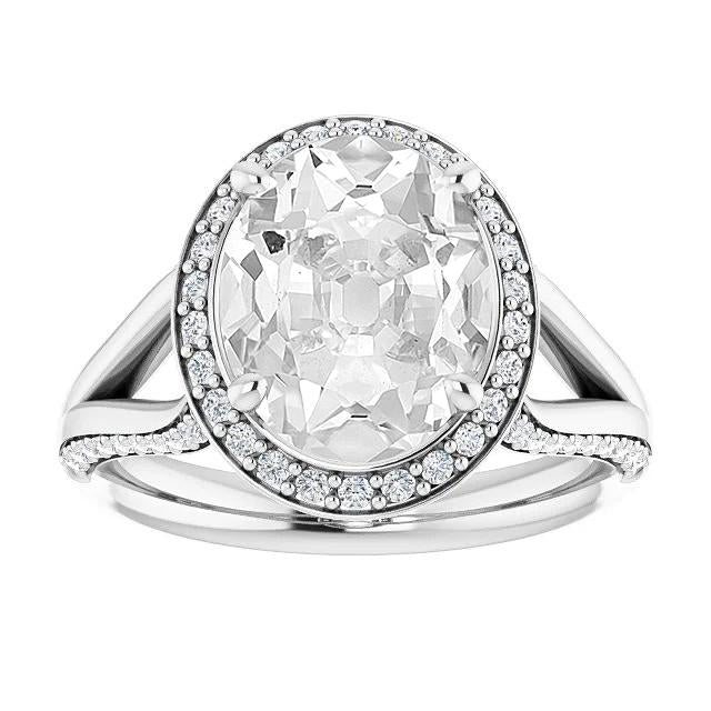 Halo, Anello Ovale, Taglio Antico, Con Vero Diamante A Polo, Set Di 9,50 Carati Con Gambo Diviso