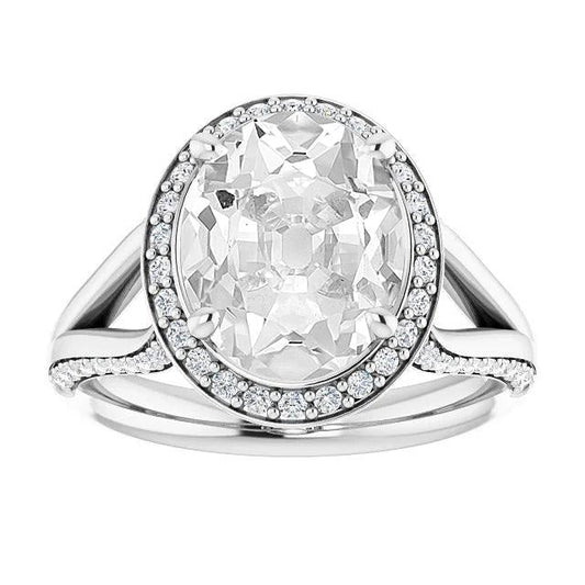 Halo, Anello Ovale, Taglio Antico, Con Vero Diamante A Polo, Set Di 9,50 Carati Con Gambo Diviso