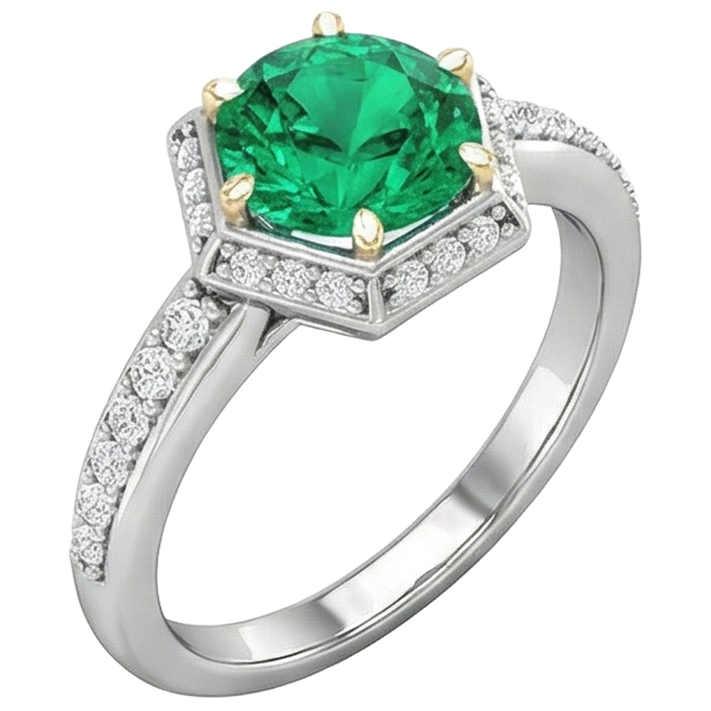 Smeraldo Fine Taglio Brillante Anello con Pietra Preziosa in Oro 14 Carati Bicolore – vista laterale