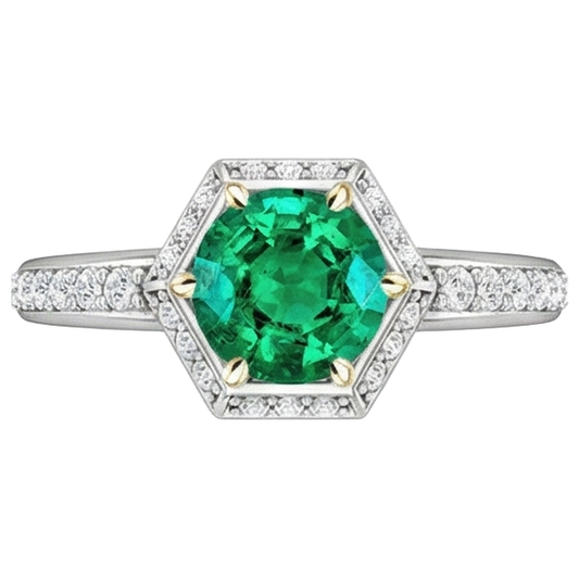 Anello con Pietra Preziosa Oro 14 Carati Bicolore con Smeraldo Fine – vista frontale