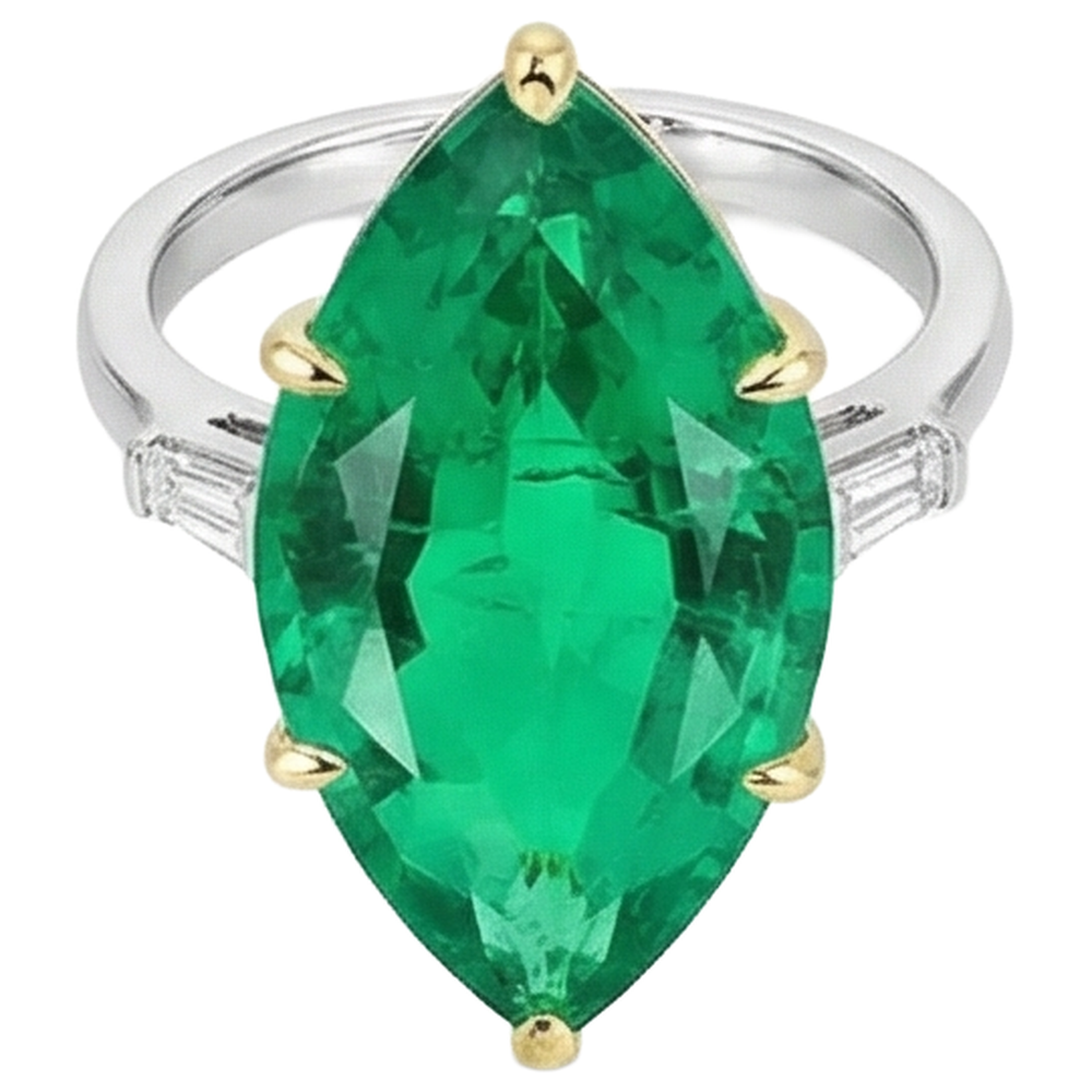 Smeraldo Colombiano Taglio Marquise Anello con Pietra Preziosa in Oro Bicolore 14K – vista angolare