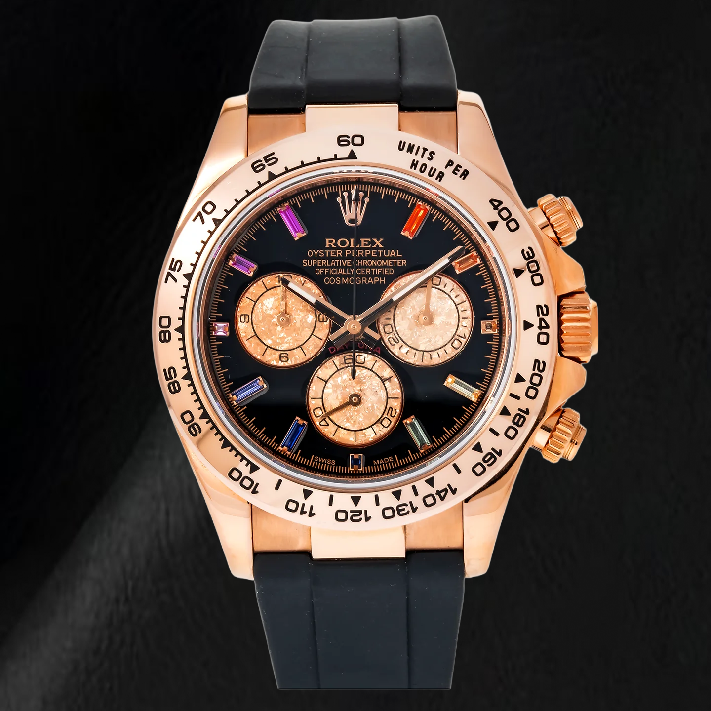 Rolex Cosmograph Daytona 116515LN 40 mm Quadrante Nero con Diamanti e Indici Orari Arcobaleno Cinturino Oysterflex Nero