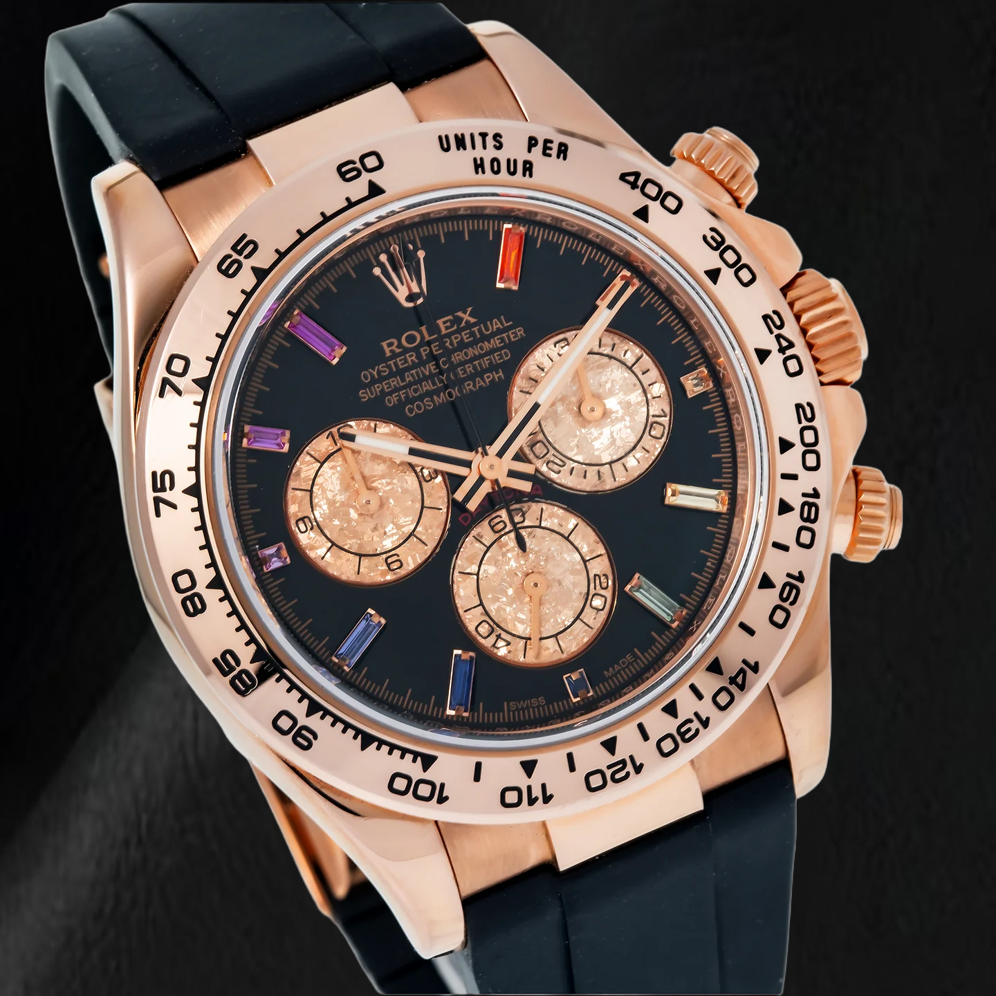 Rolex Cosmograph Daytona 116515LN 40 mm Quadrante Nero con Diamanti e Indici Orari Arcobaleno Cinturino Oysterflex Nero