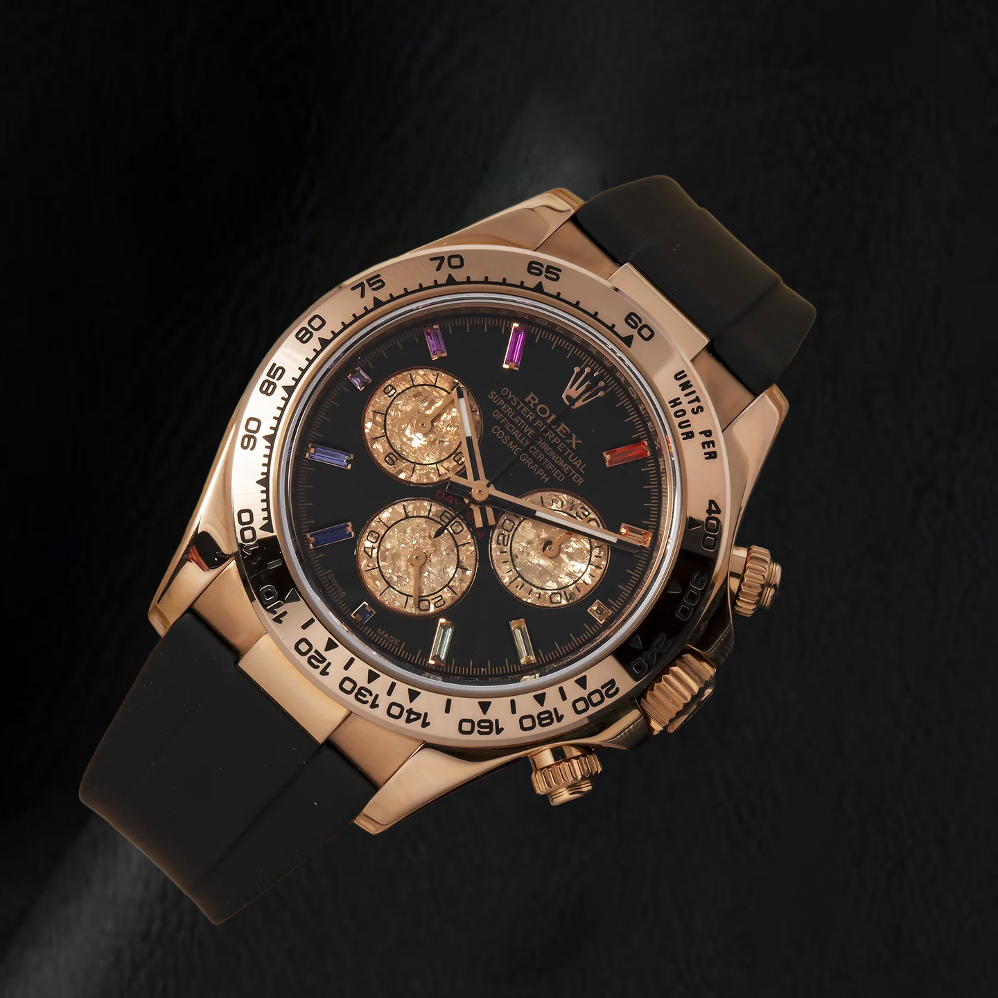 Rolex Cosmograph Daytona 116515LN 40 mm Quadrante Nero con Diamanti e Indici Orari Arcobaleno Cinturino Oysterflex Nero