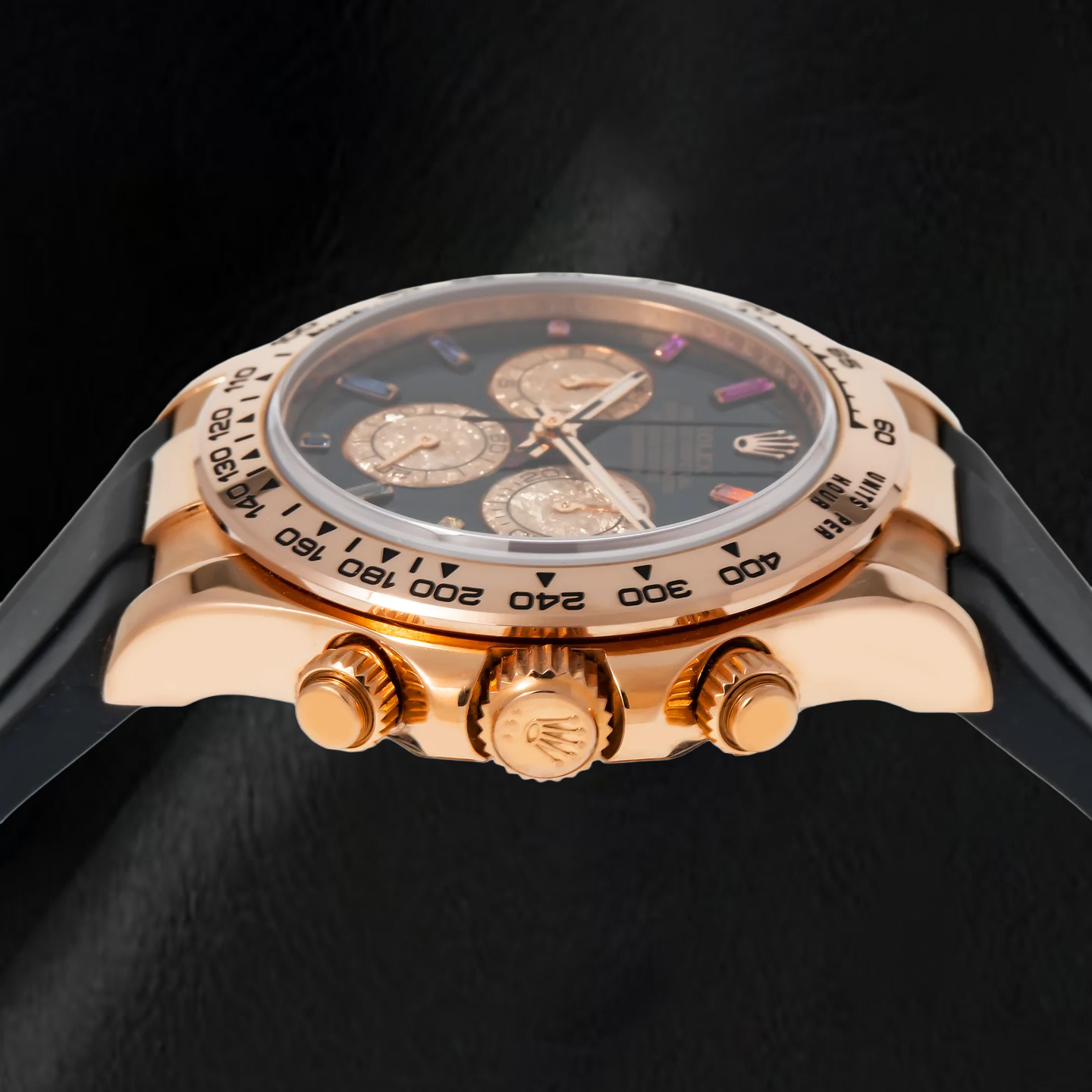 Rolex Cosmograph Daytona 116515LN 40 mm Quadrante Nero con Diamanti e Indici Orari Arcobaleno Cinturino Oysterflex Nero