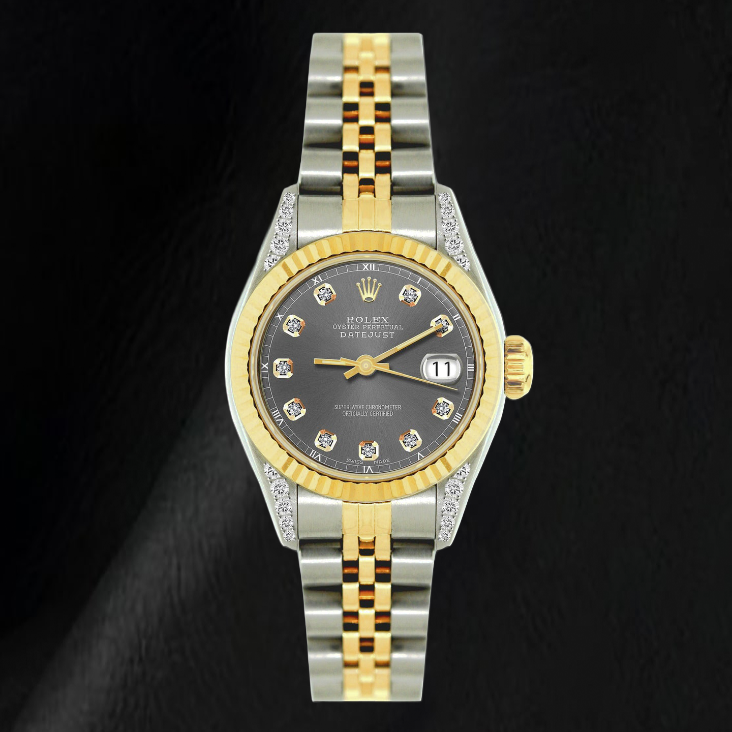 Rolex Datejust 69173 26 mm Orologio Bicolore Quadrante Grigio con Diamanti Lunetta Zigrinata