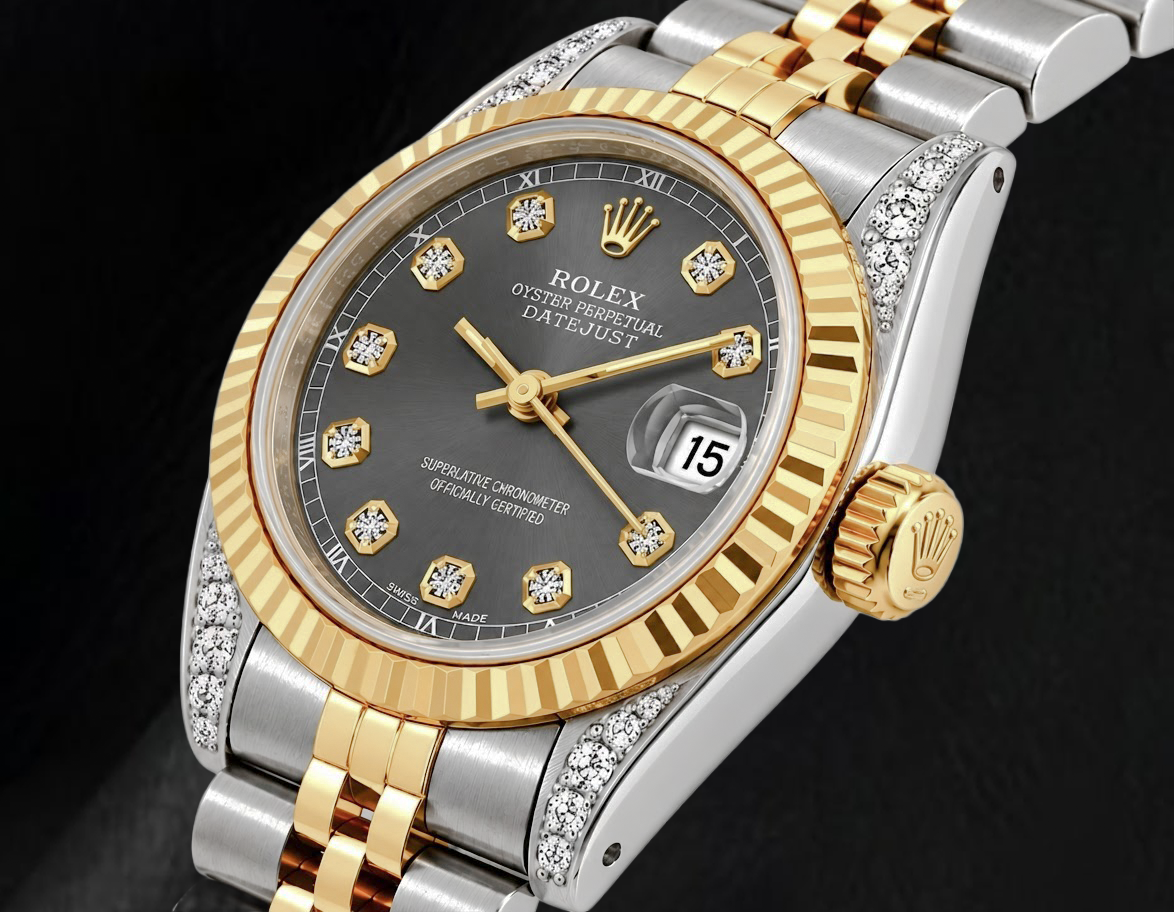 Rolex Datejust 69173 26 mm Orologio Bicolore Quadrante Grigio con Diamanti Lunetta Zigrinata