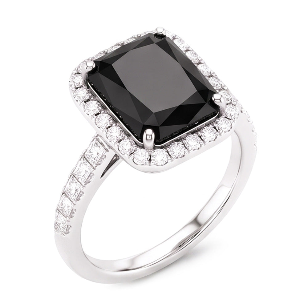 Anello da donna con diamante nero naturale da 7 carati taglio radiant halo in Oro Bianco 14K