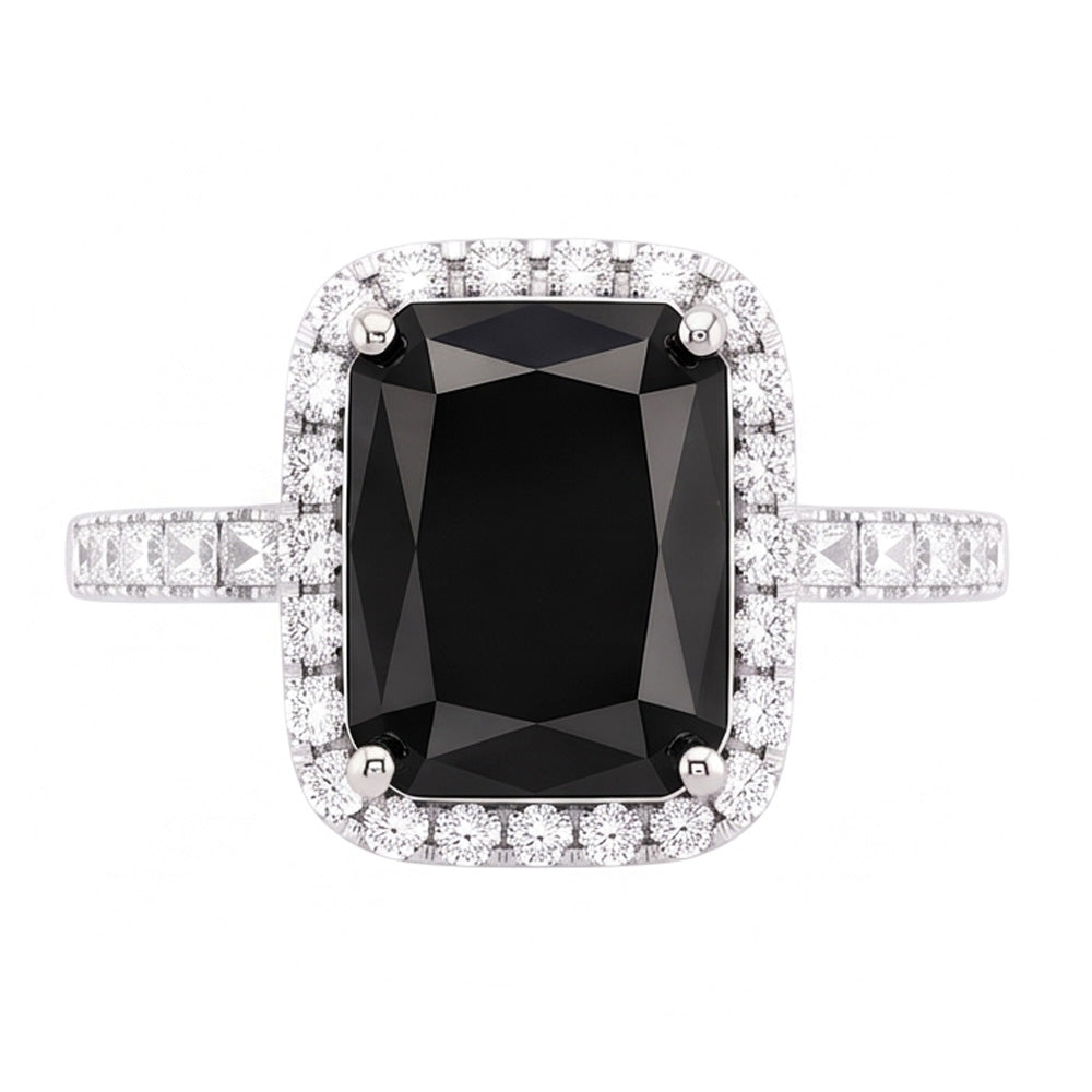 Anello da donna con diamante nero naturale da 7 carati taglio radiant halo in Oro Bianco 14K