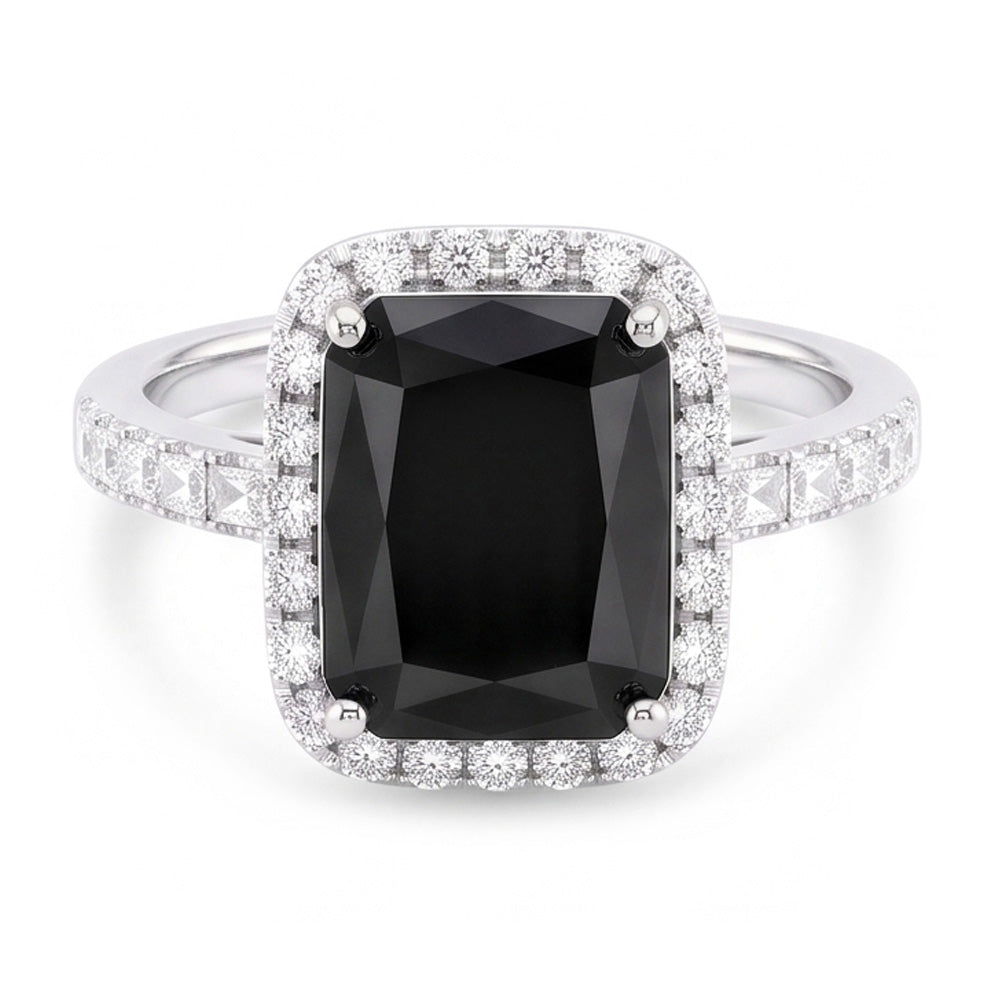Anello da donna con diamante nero naturale da 7 carati taglio radiant halo in Oro Bianco 14K