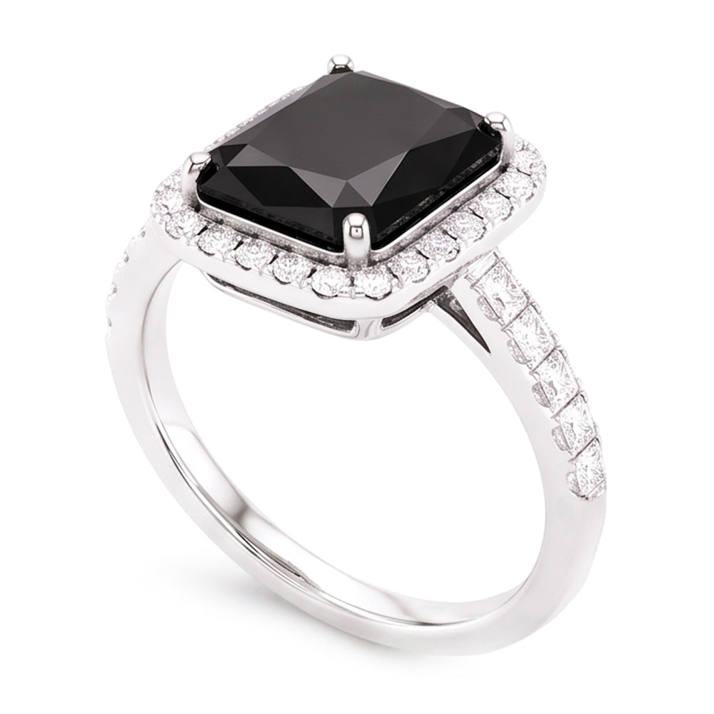 Anello da donna con diamante nero naturale da 7 carati taglio radiant halo in Oro Bianco 14K