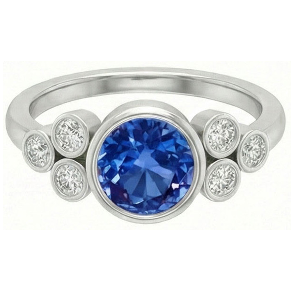 Lunetta Anello con zaffiro di Ceylon e diamanti Oro bianco 14K 2,70 Ct