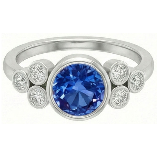 Lunetta Anello con zaffiro di Ceylon e diamanti Oro bianco 14K 2,70 Ct