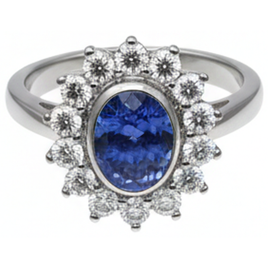 Lunetta Tanzanite Ovale Diamante Naturale Autentico ( non creato in laboratorio ) 3.30 Carati Anello Oro Bianco