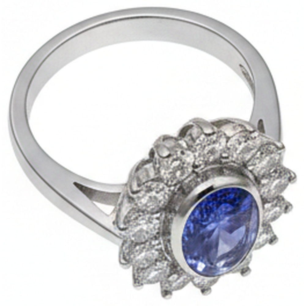 Lunetta Tanzanite Ovale Diamante Naturale Autentico ( non creato in laboratorio ) 3.30 Carati Anello Oro Bianco