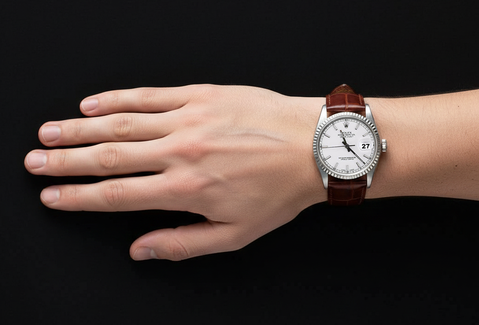 Lunetta scanalata Rolex Orologio da uomo in acciaio inossidabile Date Just Cinturino in pelle marrone IMPOSTAZIONE RAPIDA