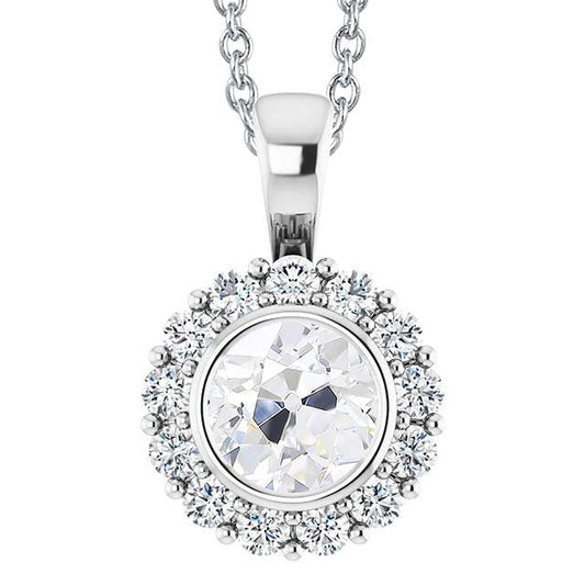 Lunetta Con Genuino Diamanti Rotondi Old Miner Da 4,50 Carati Halo Incastonato E Pendente In Oro Bianco 14K