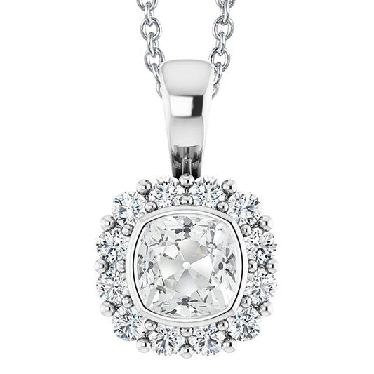 Lunetta Pendente Con Cuscino Da 7,50 Carati, Genuino Diamante Rotondo Halo E Vecchio Minatore In Oro Bianco 14K
