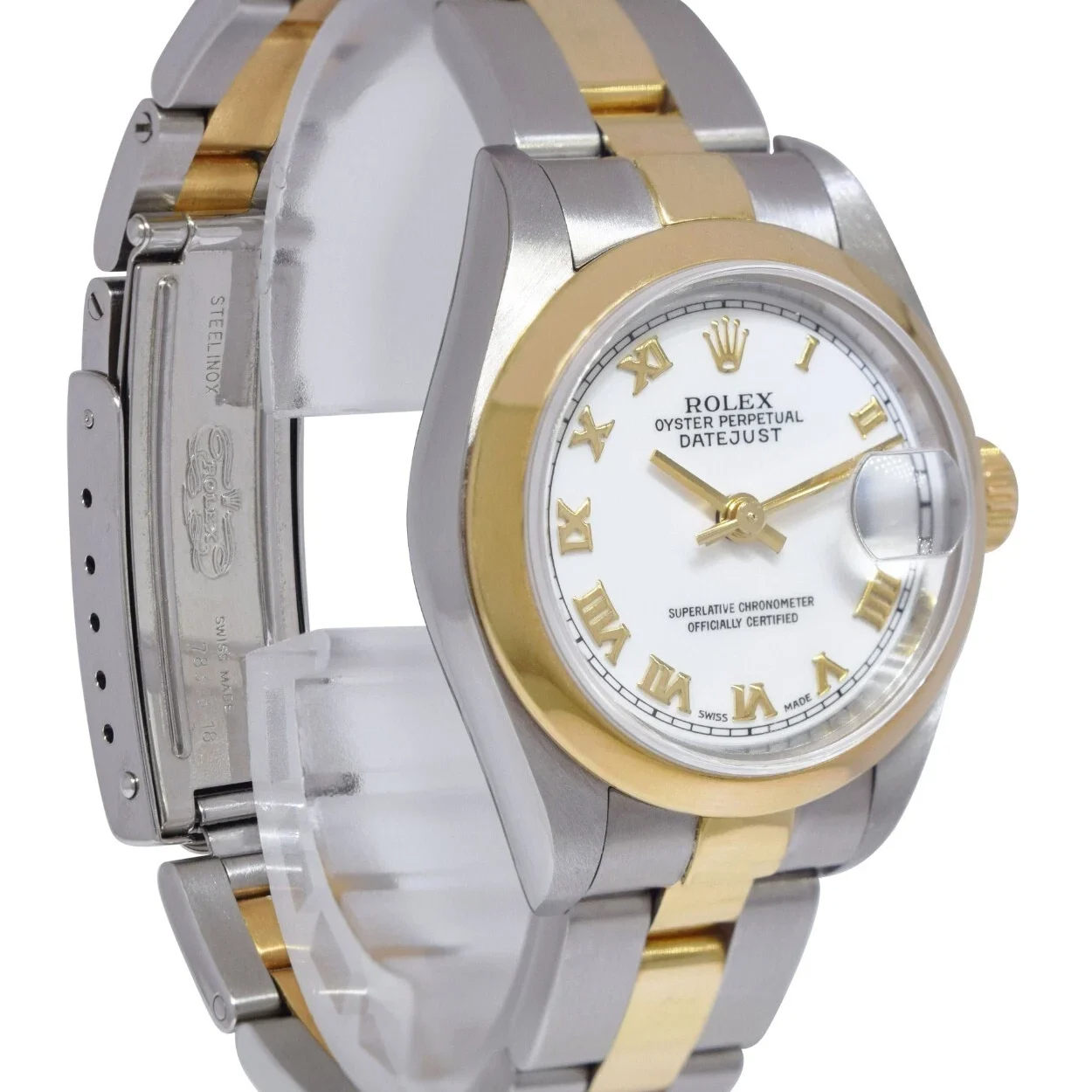 Lunetta Quadrante Bianco Romano Orologio Rolex Datejust Acciaio Inossidabile e Bracciale Oro