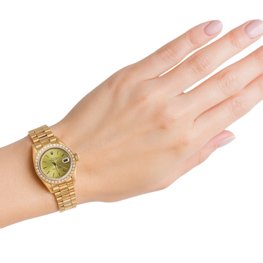 Lunetta con diamanti Quadrante a bastoncino champagne Orologio Rolex Datejust Presidenziale P2