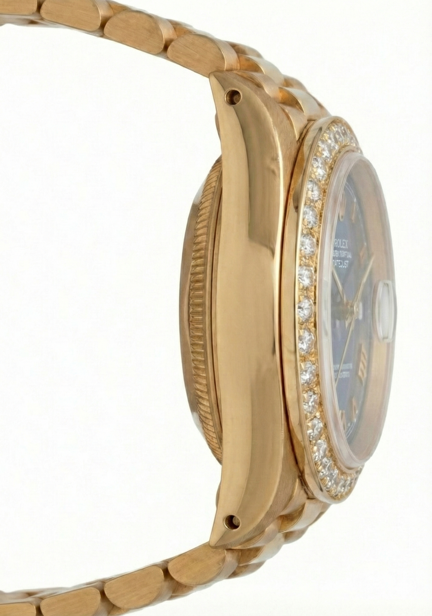 Lunetta con diamanti Quadrante blu romano Orologio Rolex in oro giallo stile presidenziale Datejust