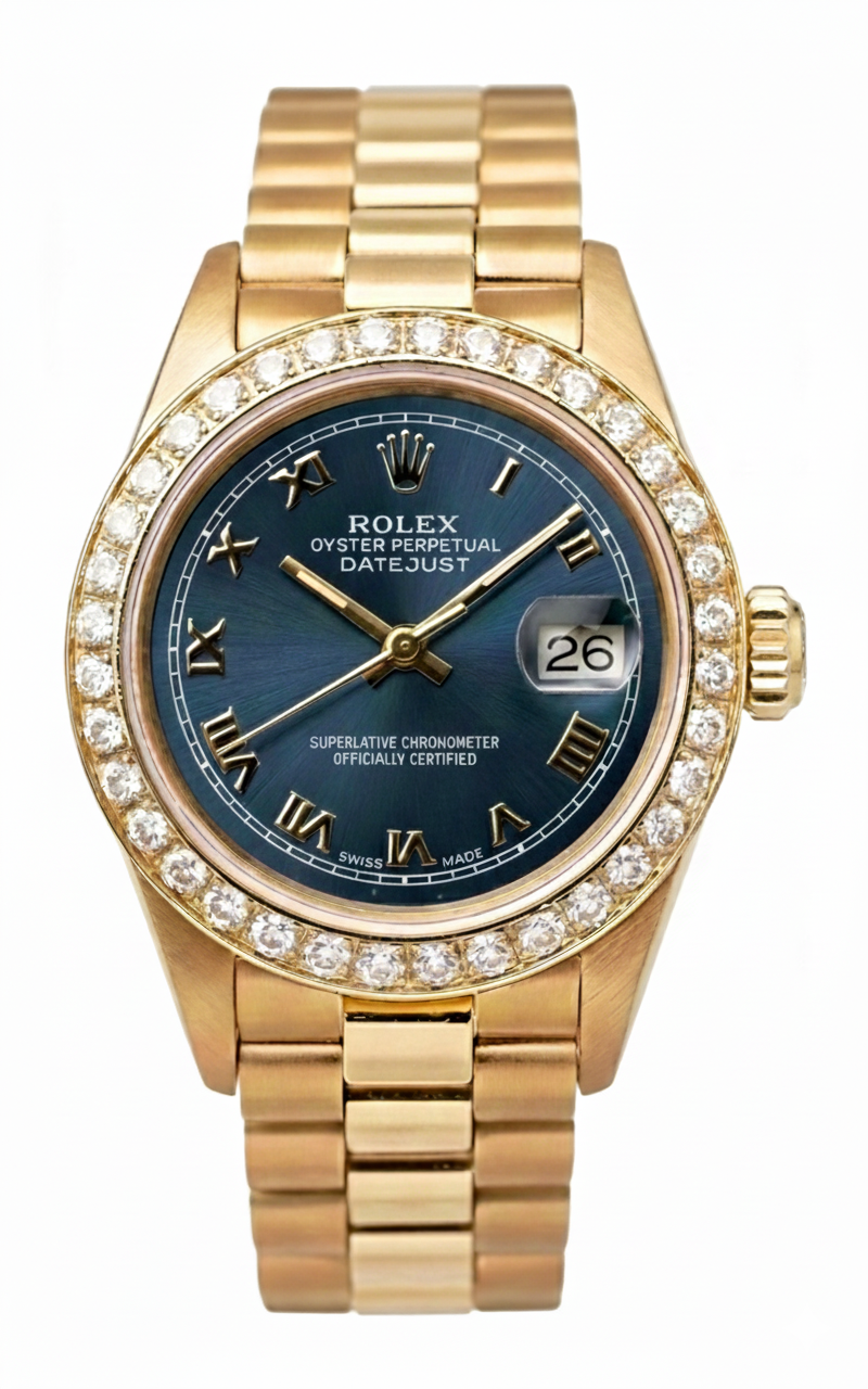 Lunetta con diamanti Quadrante blu romano Orologio Rolex in oro giallo stile presidenziale Datejust