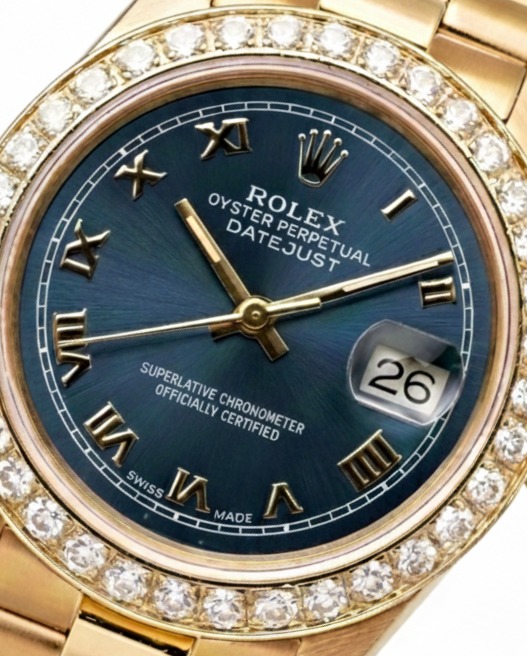 Lunetta con diamanti Quadrante blu romano Orologio Rolex in oro giallo stile presidenziale Datejust