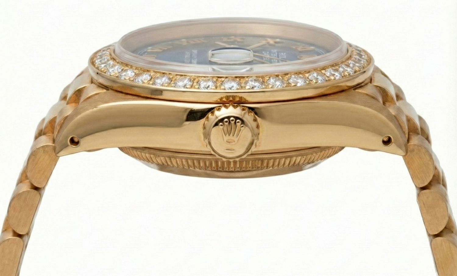 Lunetta con diamanti Quadrante blu romano Orologio Rolex in oro giallo stile presidenziale Datejust