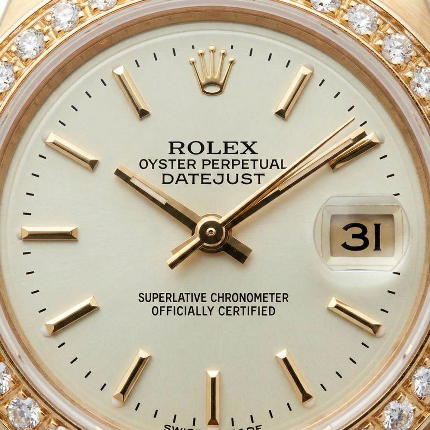 Lunetta con diamanti Rolex Datejust stile presidenziale Orologio quadrante bianco a bastoncino Oro giallo