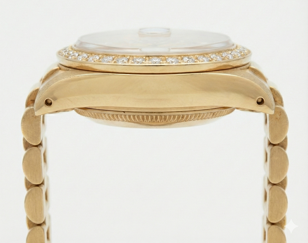 Lunetta con diamanti Rolex Datejust stile presidenziale Orologio quadrante bianco a bastoncino Oro giallo