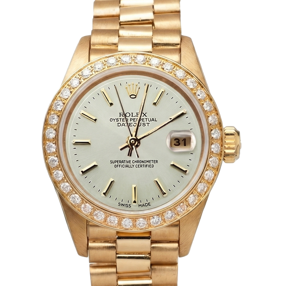 Lunetta con diamanti Rolex Datejust stile presidenziale Orologio quadrante bianco a bastoncino Oro giallo