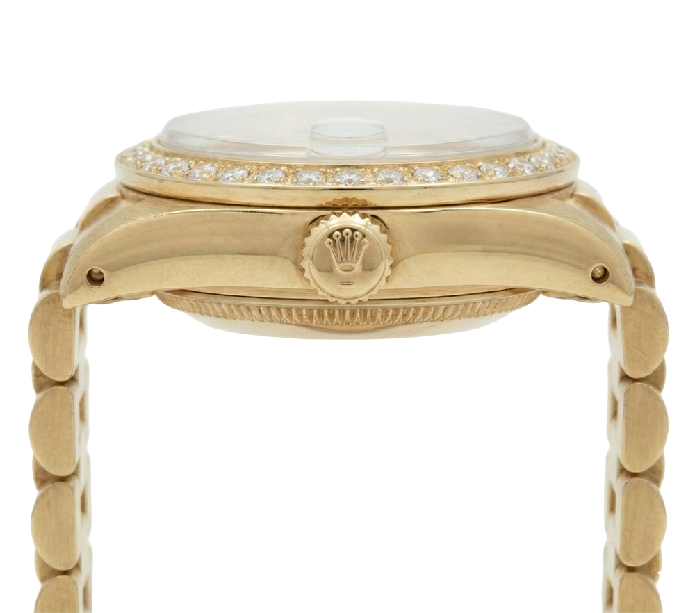 Lunetta con diamanti Rolex Datejust stile presidenziale Orologio quadrante bianco a bastoncino Oro giallo