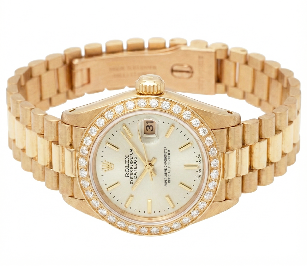 Lunetta con diamanti Rolex Datejust stile presidenziale Orologio quadrante bianco a bastoncino Oro giallo