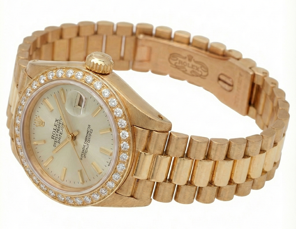 Lunetta con diamanti Rolex Datejust stile presidenziale Orologio quadrante bianco a bastoncino Oro giallo