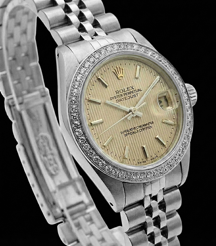 Lunetta con diamanti Ss Tapestry Stick Dial Orologio Rolex da donna Datejust