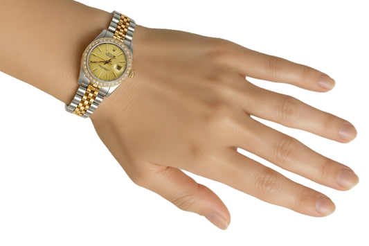 Lunetta con diamanti giubileo Acciaio inossidabile e oro Rolex Datejust quadrante a bastone da donna P2
