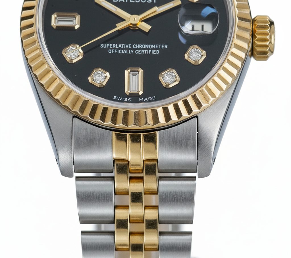 Lunetta scanalata Rolex in acciaio inossidabile e oro con quadrante con diamanti baguette Datejust Orologio
