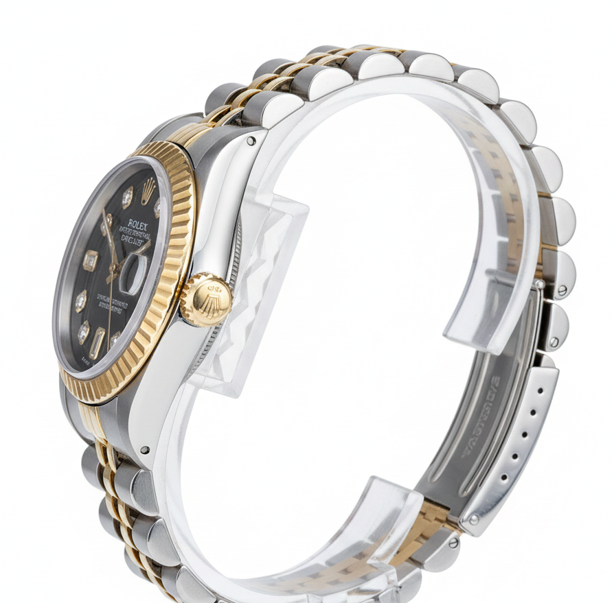 Lunetta scanalata Rolex in acciaio inossidabile e oro con quadrante con diamanti baguette Datejust Orologio