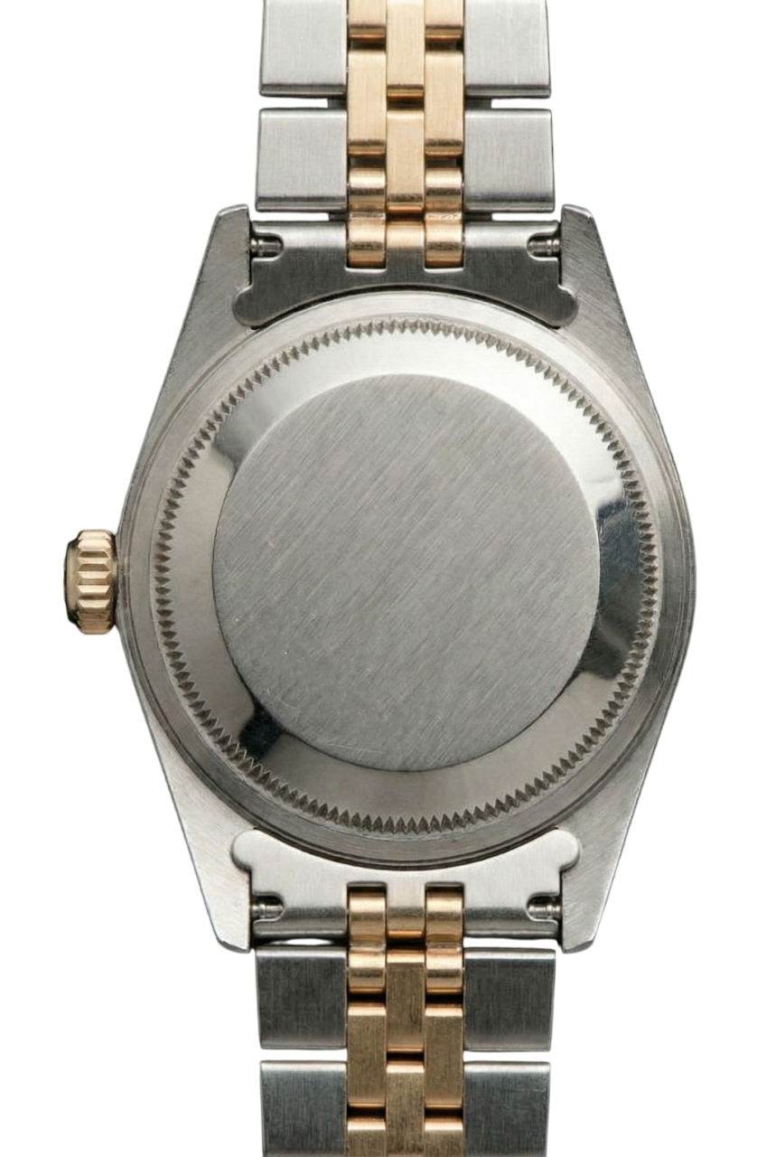 Lunetta scanalata Rolex in acciaio inossidabile e oro con quadrante con diamanti baguette Datejust Orologio