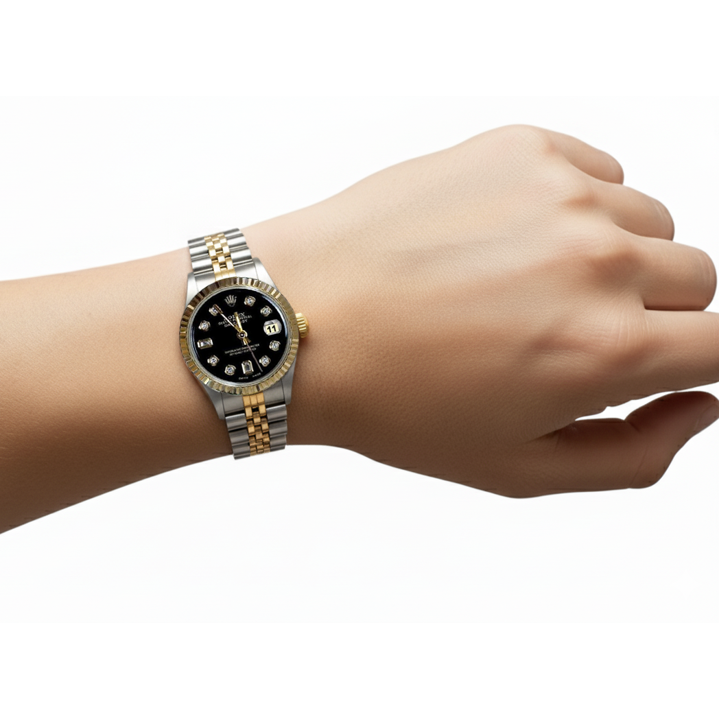 Lunetta scanalata Rolex in acciaio inossidabile e oro con quadrante con diamanti baguette Datejust Orologio P2